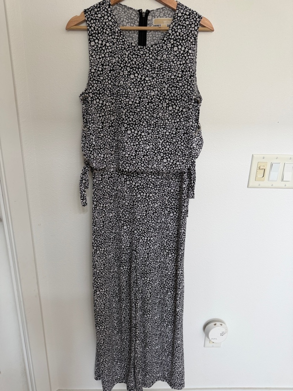 Michael Kors Black and White Floral Sleeveless Jumpsuit with Side Tie